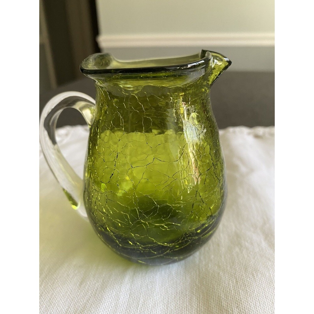 Vintage Green Crackled Glass Pitcher Creamer Applied Handle